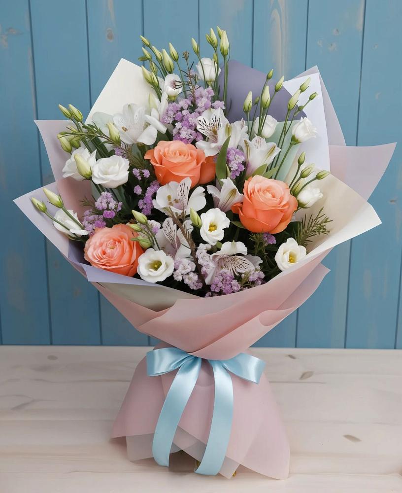 Букет цветов из: Лизиантусы, Розы, Альстромерии и Гипсофила в Рыбинске