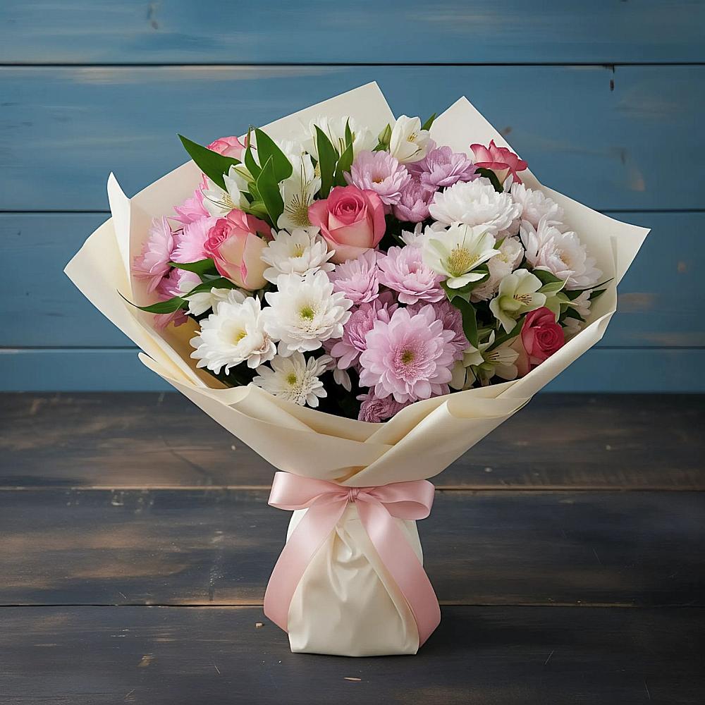 Букет цветов из: Хризантемы, Альстромерии и Розы в Рыбинске